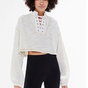 UO Tague Lace-Up Funnel Neck Cropped Sweater